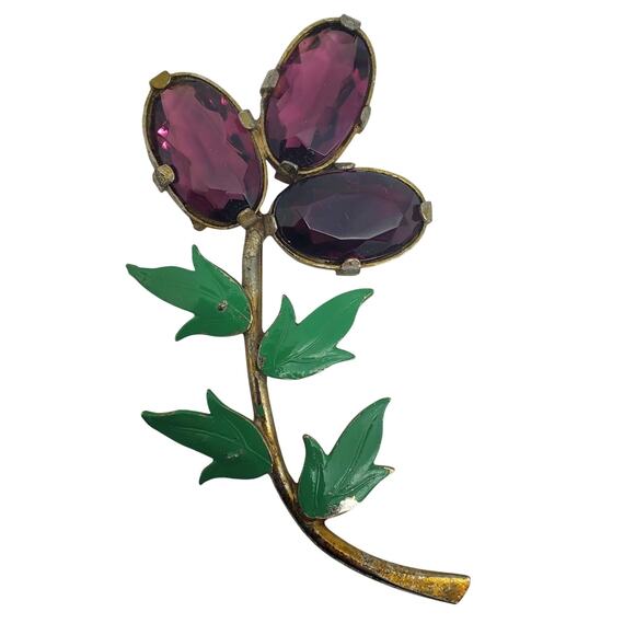 Purple Flower Brooch Gold Tone Vtg Amethyst Glass Stone Green Enamel Pin Retro - Picture 1 of 9